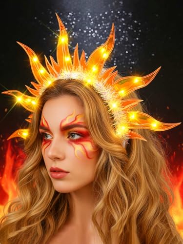 JEAIRTS Light Up Fire Headband Glow Flame Crown Headpiece Led Sun Goddess Hair Accessories for Women