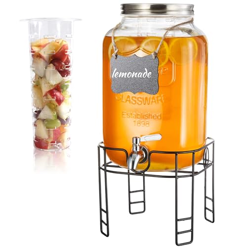 2 Gallon Drink Dispensers for Parties, Beverage Dispensers with Stand, Glass Water Jug Dispenser, with 18/8 Stainless Stee...