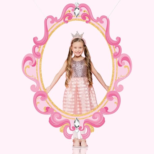 Princess Mirror Photo Booth Props Pink Princess Birthday Party Decorations 63×51 in Fabric Backdrop Mirror Themed Door Ban...