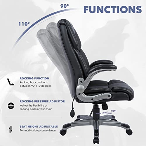 COLAMY High Back Executive Office Chair- Ergonomic Home Computer Desk Leather Chair with Padded Flip-up Arms, Adjustable T...