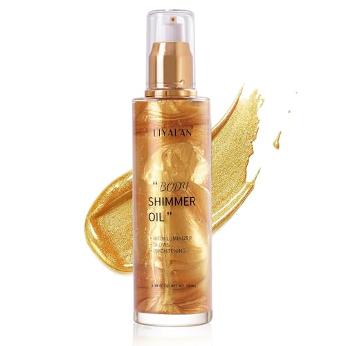 Liyalan Shimmer Body Oil 5 Color Gold 3.38 Fl Oz Face Glow Pearl Highlighter Illuminator Body Makeup Shine Glitter Gold Li...