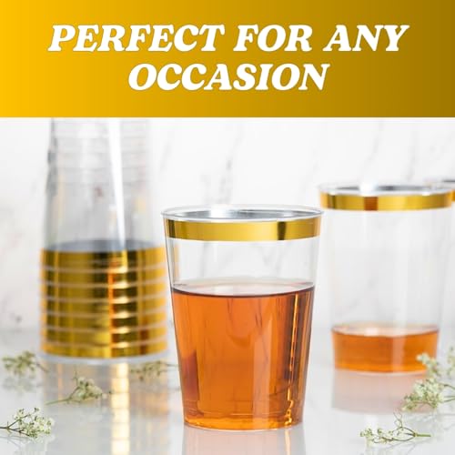 BLUESKY Elegant Gold Rim Plastic Tumblers - 8oz Crystal Clear Plastic Cups (50 Count) Disposable Clear Cups For Wine & Col...