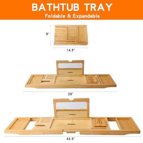 Bathtub Tray Table with Mirror and Bath Pillow, Expandable and Foldable Bamboo Bath Tray for Tub Soft and 4D Mesh Bathtub Pillow Luxury Bath Accessories Spa Gifts