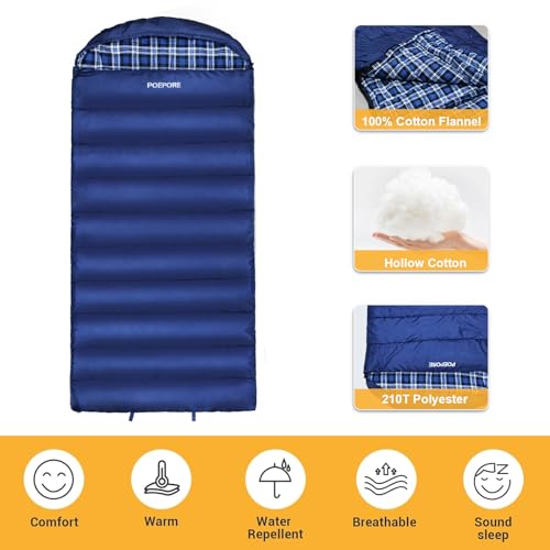 POEPORE 0 Degree Sleeping Bag 100% Cotton Flannel XXL Cold Weather Winter Oversized Sleeping Bag for Adults Camping Zero D...