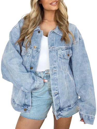 AUTOMET Women's Oversized Jeans Jacket, Classic Button Down Denim Jacket with Chest Pockets, Loose Fit Boyfriend Style Coat