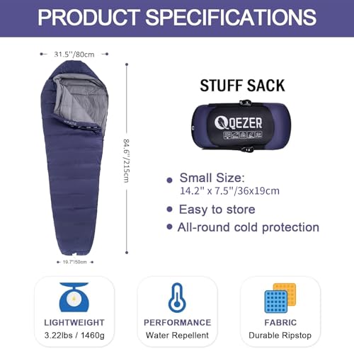 QEZER Down Sleeping Bag for Adults 0°F 10°F 15°F 20°F Backpacking Sleeping Bag for Cold Weather with Compression Sack