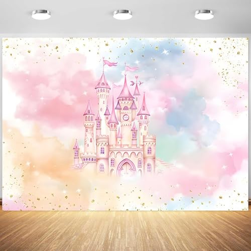 5x3ft Princess Castle Backdrop for Girl Birthday Pastel Rainbow Pink Castle Photography Background Birthday Baby Shower Pa...