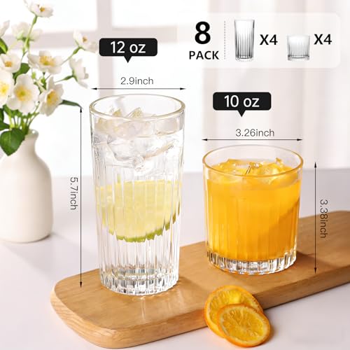 Laerjin Drinking Glasses Set of 8, 12 oz Highball Glasses & 10 oz Cocktail Glasses Set, Ribbed Glass Cups,Thick Glass Cup...