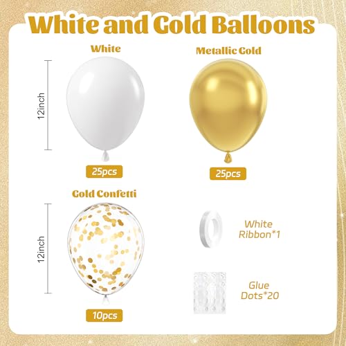 60pcs Gold and White Balloons 12inch, White and Gold Balloons with Metallic Gold Confetti Balloons for Graduation Wedding ...