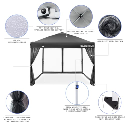 OASISHOME 10'x10' Pop-Up Gazebo Canopy Tent with Netting Sidewalls & Wheeled Bag,Weight Bag, Stakes, Ropes, Waterproof, UV...