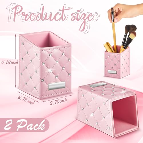 ReliThick 2 Pcs Pink Makeup Brush Holder Crystal Bling Brushes Cup PU Leather Waterproof Glitter Makeup Holder for Women T...