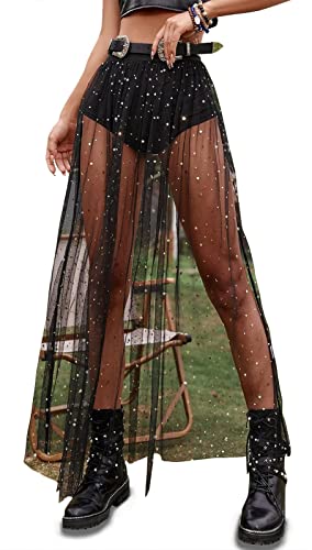 Rave Outfits for Women 2 in 1 Sheer Skirt Festival Clubwear Mesh High Waist Print A Line Maxi Skirt