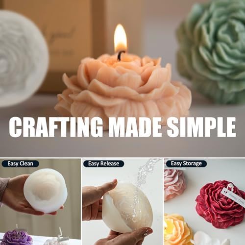 3 Pcs Peony Flower Silicone Candle Molds Set, 3D Peony and Rose Silicone Resin Soap Molds, Flower Fondant Silicone Mold for Handmade Cake Decoration Chocolate Epoxy Casting Resin Craft