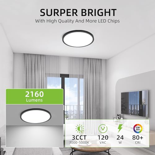 hykolity 2 Pack 12 Inch Selectable CCT LED Round Flat Panel Light, 24W, 3000K/4000K/5000K, Edge-Lit Flush Mount Ceiling Li...