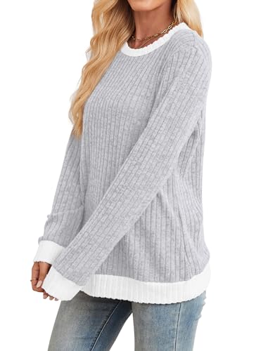 Sampeel Womens Tops Long Sleeve Shirts Lightweight Sweaters Loose Fit Crewneck Color Block Fall Fashion Outfits