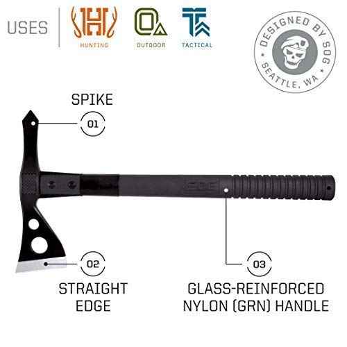 SOG Tactical Tomahawk- Throwing Hatchet, Versatile Survival Tactical Axe and Emergency Breaching Tool & Entrenching Tool- 18.25 Inch Folding Survival Shovel with Wood Saw Edge - Black (F08-N)