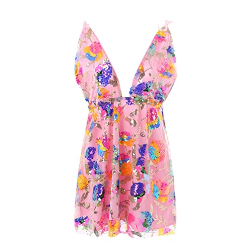 Women's Sequin Dress Sexy Sparkly Floral Summer Backless Deep V Low-Cut Shiny Strap Mini Dress for Party Cocktail Clubwear