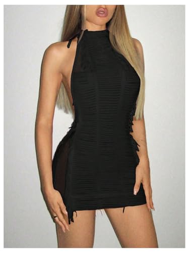 SHENHE Women's Sexy Halter Dress Open Back Distressed Party Clubwear Bodycon Mini Dress