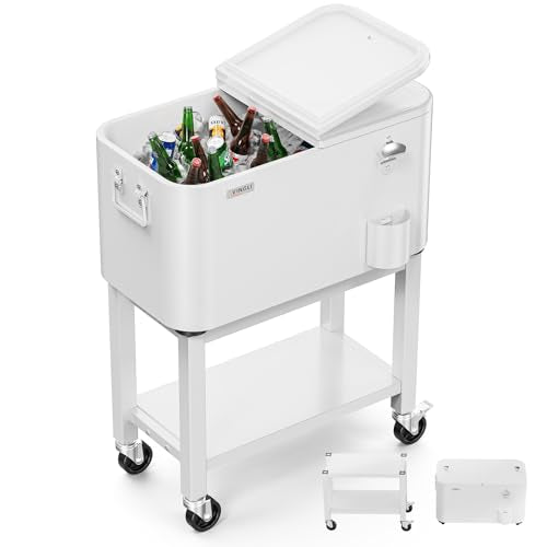 VINGLI Patio Cooler, Rolling Ice Chest on Wheels, Portable Patio Party Bar Drink Cooler Cart, with Shelf, Beverage Pool wi...