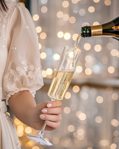 Nervure 24 Pack Plastic Champagne Flutes - 6 Oz Clear Disposable Champagne Flutes - Square Plastic Toasting Glasses for Pa...