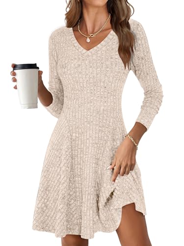 ANRABESS Women Long Sleeve Ribbed Knit Short Dresses 2025 Fall Winter V Neck Casual Swing A Line Sweater Dress
