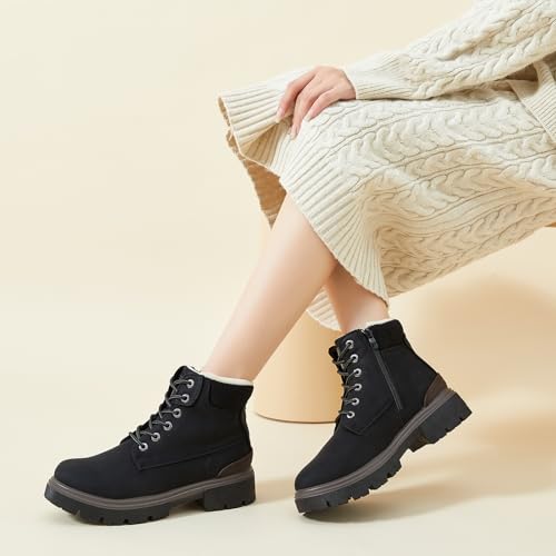 FINIWOR Ankle Boots for Women Hiking Boot Women Combat Boots Lace Up Womens Snow Boots Waterproof Fur Winter Boots Black B...