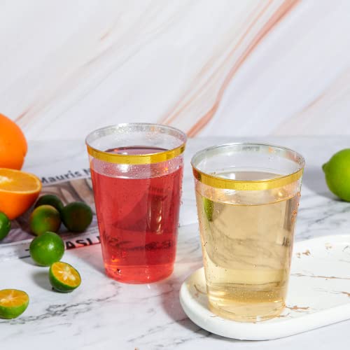 Vplus 150 Pack 12 OZ Reusable Gold Rimmed Clear Plastic Cups, Disposable Heavy Duty Plastic Cups Perfect for Party Christm...