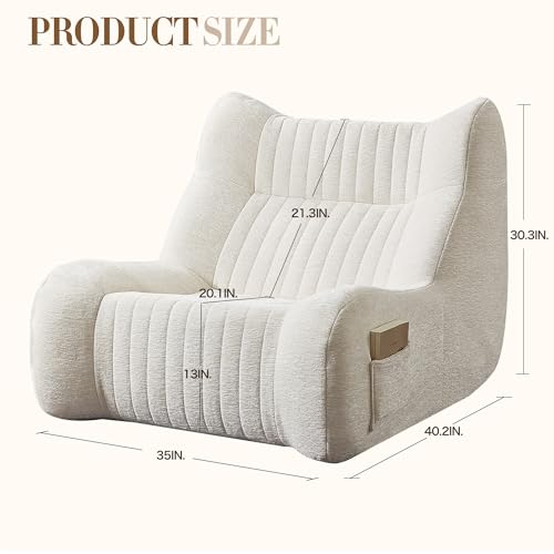 KEIKI Bean Bag Chair with Armrests & Side Pockets, Oversized Comfy Lounge Sofa, High-Resilience Foam, Ergonomic Design, Plush Accent Chair for Living Room & Bedroom, White