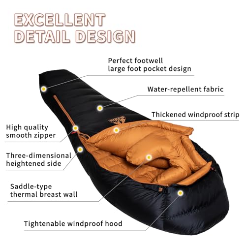 Down Backpacking Sleeping Bag for Cold Weather 20°F to -11°F, XXL Large Ultralight Sleeping Bag Ideal for Adults Camping, ...
