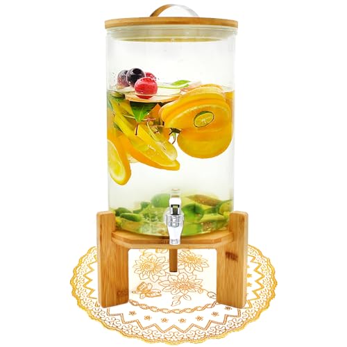 Winsterch 2 Gallon Drink Dispenser for Parties, Glass Beverage Dispenser with Wood Stand and Spigot, Lemonade, Tea, Juice ...
