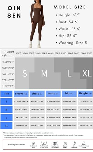 QINSEN Womens Sexy Square Neck Long Sleeve Full Length Leggings Bodycon Stretch Jumpsuit