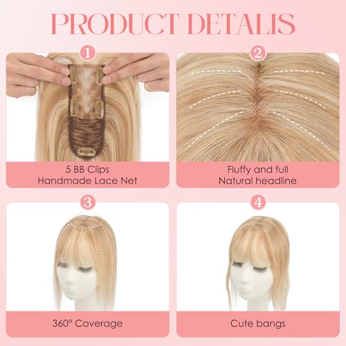 S-noilite Hair Toppers for Women with Bangs Real Human Hair 360¡Æ 3D Cover Clip in Bangs 2X6 Coverage Clip in Hairpiece for Women with Thinning Hairline 10Inch(Gloden Brown/Bleach Blonde)