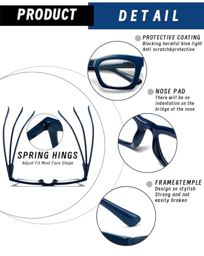 Hubeye Oprah Style Reading Glasses for Women Men Blue Light Blocking Computer Square Readers with Spring Hinge