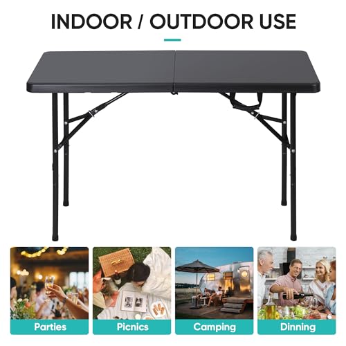 ZENY 4ft Portable Folding Table Plastic Indoor Outdoor Picnic Party Camp Dining Table with Handle, Black