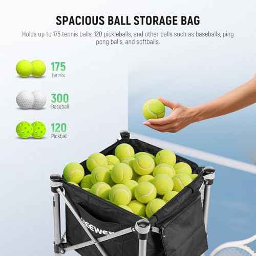NEEWER Wheeled Ball Hopper Foldable Rolling Caddy Cart with Storage Bag, Three Accessory Side Pockets, Basket Holder for Up to 175 Tennis Balls or 120 Pickleballs, No Assembly Needed, TB02X