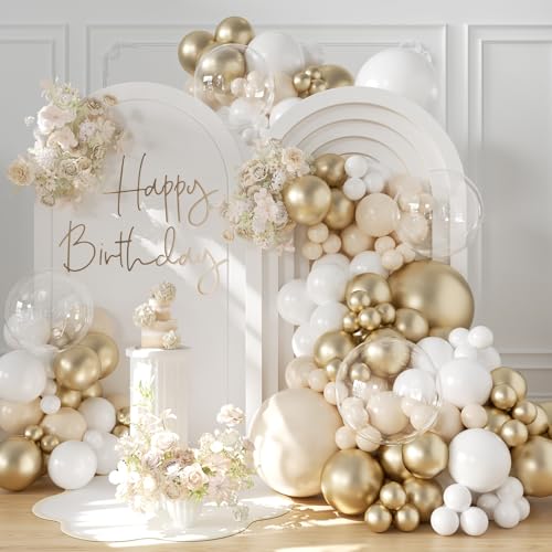 White and Gold Balloon Garland Arch Kit 132Pcs Metallic gold Ivory white Cream White Clear Balloons Different Sizes for We...