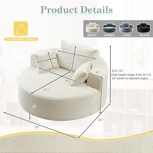 Oversized Round Chaise Longue Chair Indoor, Modern 55-inch Upholstered Chenille Deep Seat Circle Single Cloud Lounge Floor...