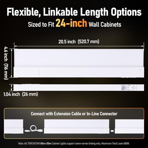 TORCHSTAR LED Under Cabinet Lighting Fits 24 Inch Cabinets, Ultra-Slim Series, 5CCT 16W 1200LM, Hardwired & Plug-in, 120V ...