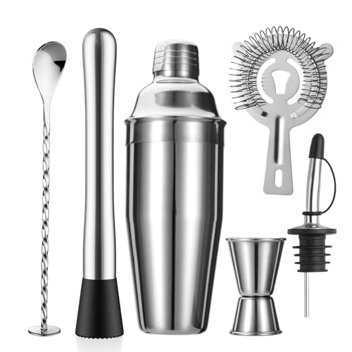 ZPUFAW 6-Piece Cocktail Shaker Set 24oz Shaker Strainer Muddler Jigger Mixing Spoon Pour Spout Bartender Kit Stainless Ste...