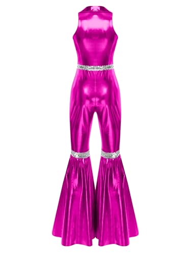 ACSUSS Women's 70s 80s Shiny Metallic Disco Jumpsuit Sleeveless Backless for Rave & Themed Parties Hot Pink X-Large