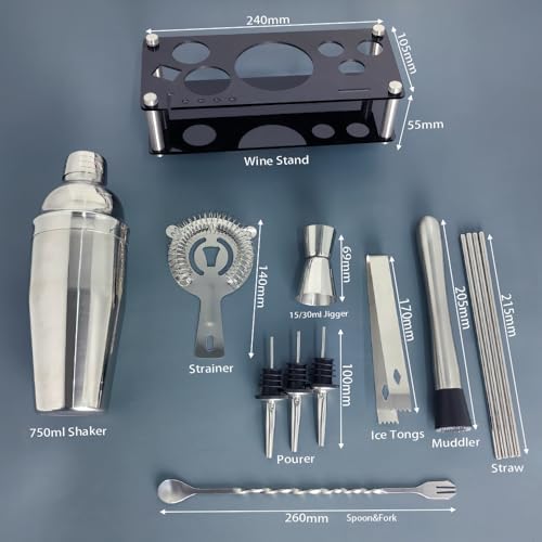 Bartender Kit, 13 Piece Cocktail Shaker Set Stainless Steel Bar Tools with Black Stand, 25 oz Shaker, Jigger, Spoon, Poure...