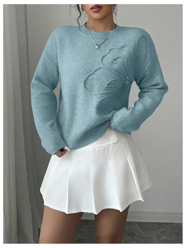 RoseSeek Women's 3D Floral Appliques Crewneck Sweaters Long Sleeve Drop Shoulder Pullovers Elegant Knit Tops