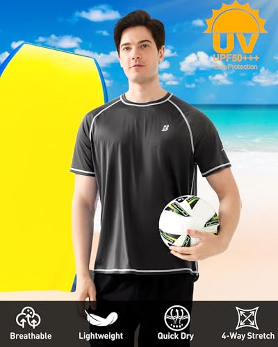 Roadbox Men's UPF 50+ Swim Shirts, Short Sleeve UV Sun Protection Rash Guard T-Shirt, Quick Dry Water Surfing Beach Tees