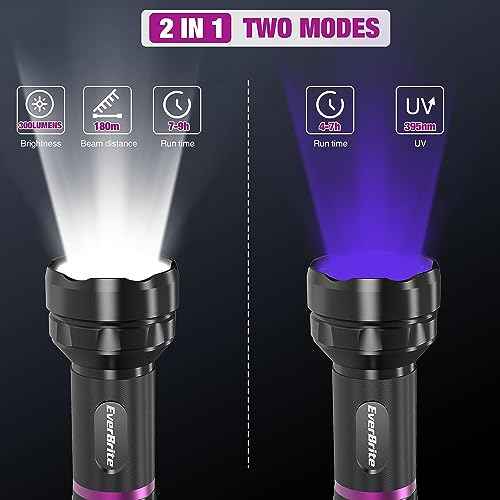 EverBrite LED Flashlight, Multifunctional Flashlight with UV and White Light, 395nm Black Light, 300 Lumens High Powered Flashlight for Camping, Emergencies, Pet Urine Stains, AA Batteries Included