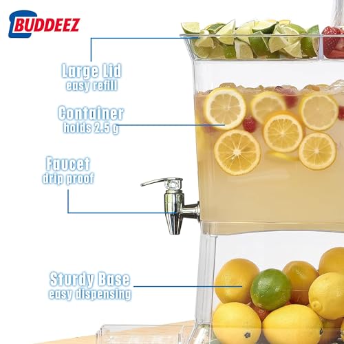 Buddeez Tritan Beverage Dispenser with Party Top Lid and Drip Tray - 2.5 Gallon Drink Dispenser - Drink Dispenser - BPA Free