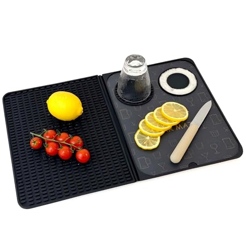 Bar Mat, Bar Accessories, Multifunctional Folding Cocktail Mat with Cutting Board, 18" X 12"(Black) Drying Mats,Bar Mat fo...