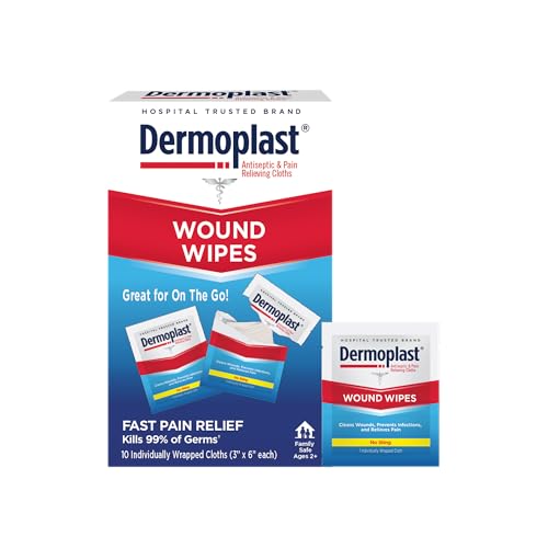 Dermoplast Wound Wipes, Medicated Antiseptic Wipes, First Aid Cloths, Analgesic for Minor Cuts, Scrapes and Burns on The G...