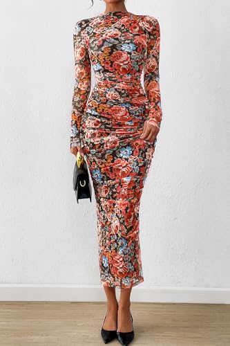 PRETTYGARDEN Womens Long Sleeve Maxi Dresses 2026 Spring Ruched Bodycon Floral Mesh Formal Wedding Guest Cocktail Party Dress