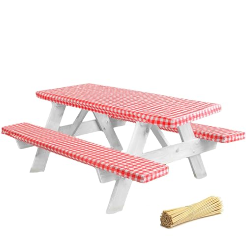 LINPRO Premium Picnic Table Cover with Bench Covers Vinyl Fitted Picnic Table Covers with Elastic RV Camping Accessories a...