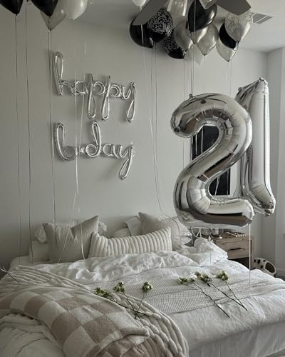 Silver 2 Balloon, Number Balloons 40 Inch, 2nd Balloon Number Birthday Decorations, Two Second Birthday Party Supplies, Nu...